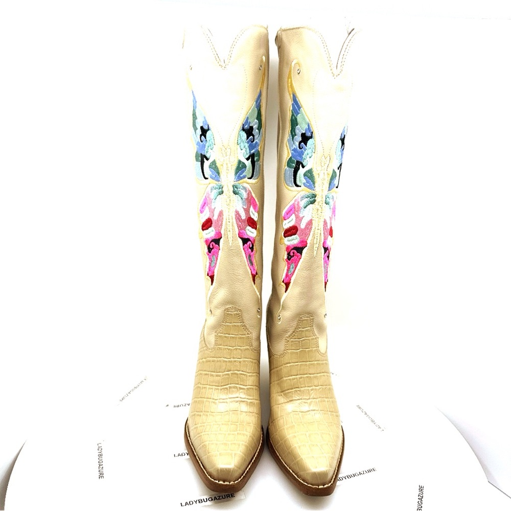 NWOB Dingo Cream White Leather Butterfly Embroidered knee high cowgirl boots Ss7